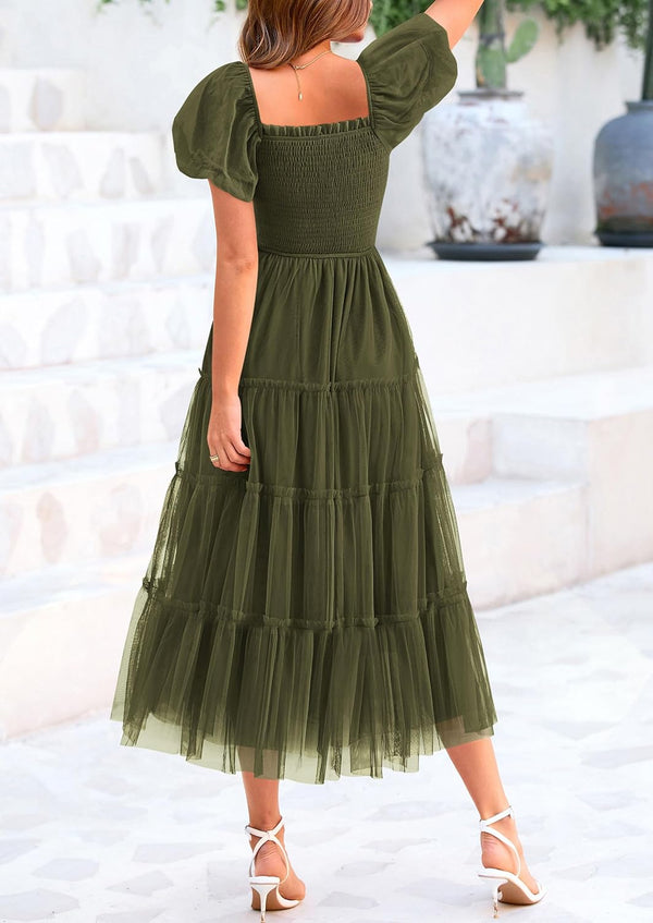 Women's Smocked Midi Tulle Dress 2025 Summer Puffy Short Sleeve Square Neck Ruffle Wedding Guest Party Dresses