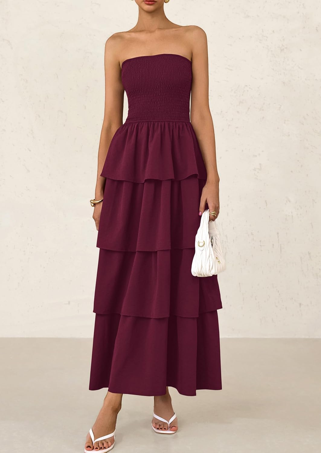 PRETTYGARDEN Maxi Dresses for Women Off Shoulder Smocked Tiered Ruffle Long Flowy Wedding Guest Dress