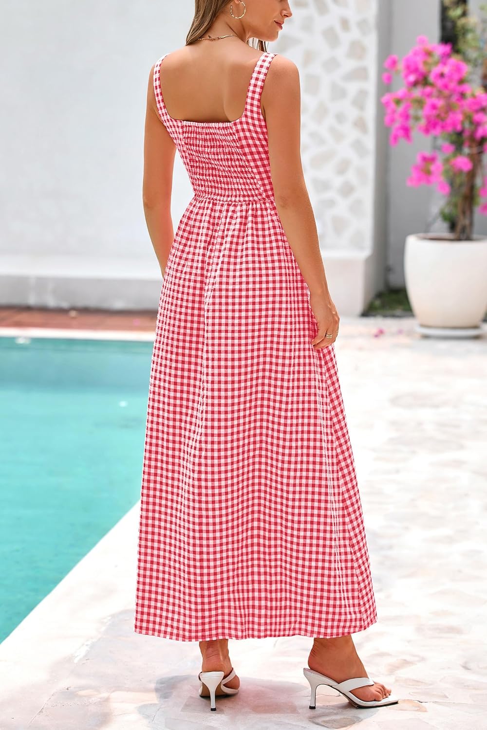 Women's Summer Spaghetti Strap Maxi Dresses Plaid Square Neck A Line Smocked Casual Vacation Long Sundress