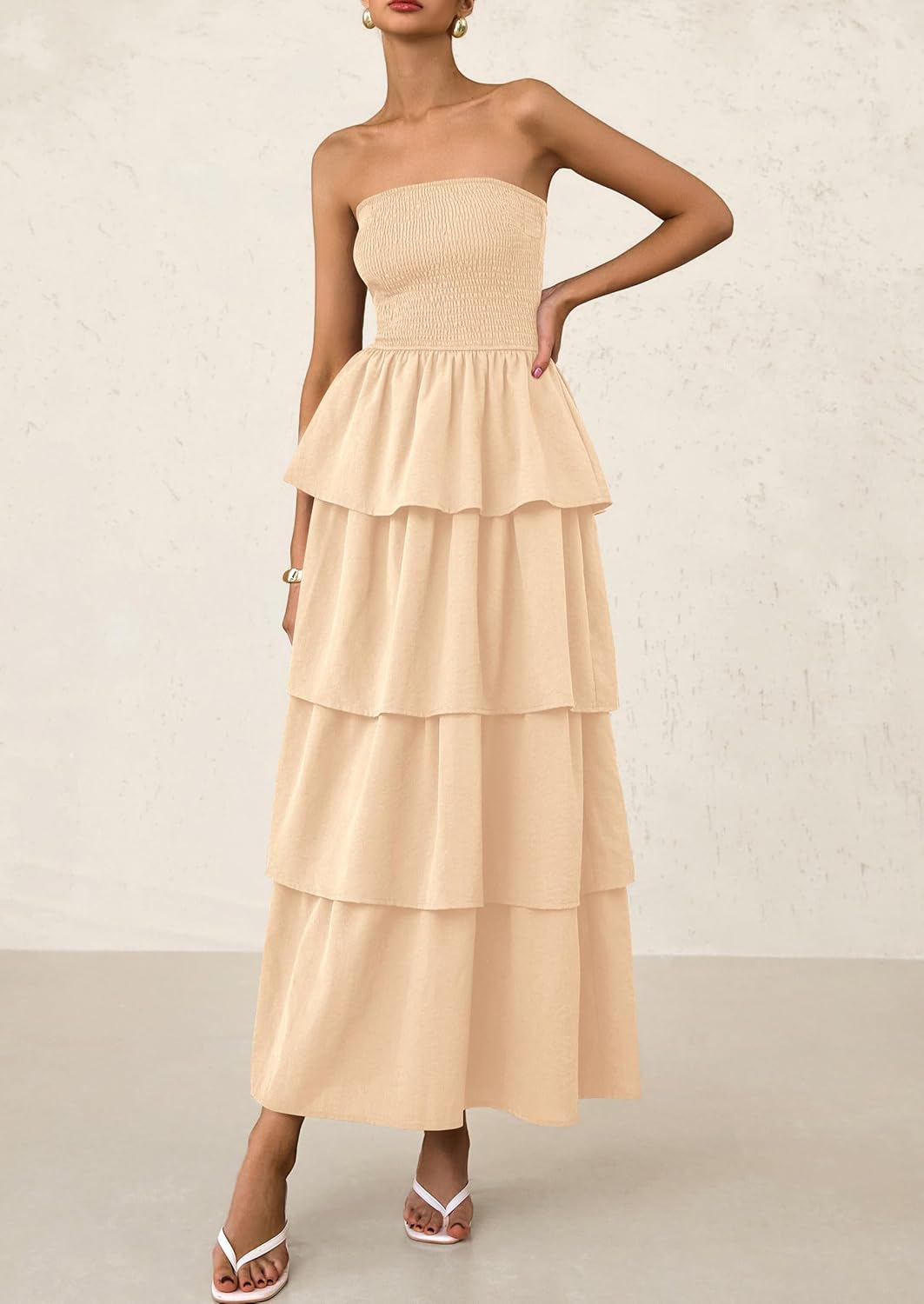 PRETTYGARDEN Maxi Dresses for Women Off Shoulder Smocked Tiered Ruffle Long Flowy Wedding Guest Dress