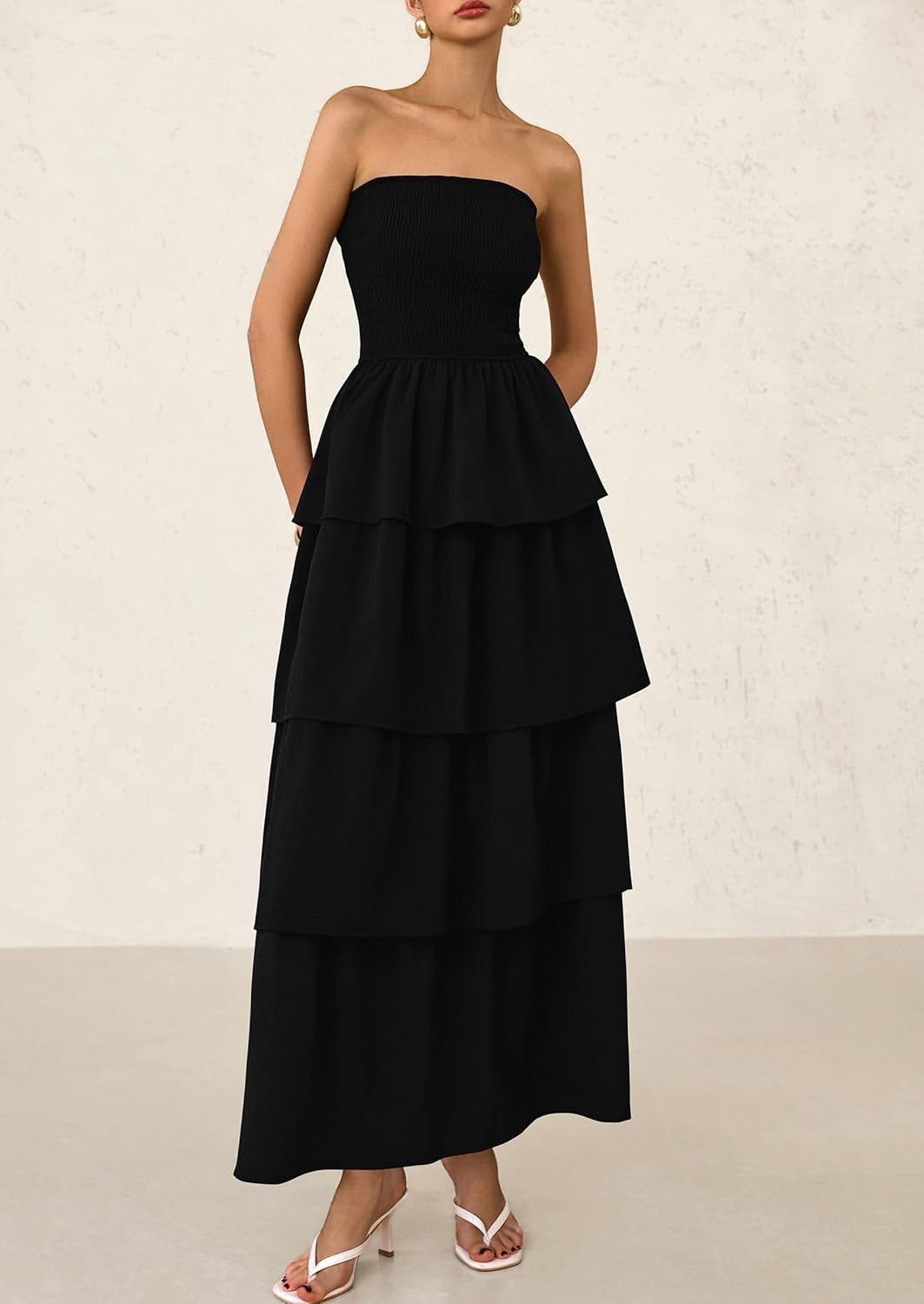 PRETTYGARDEN Maxi Dresses for Women Off Shoulder Smocked Tiered Ruffle Long Flowy Wedding Guest Dress