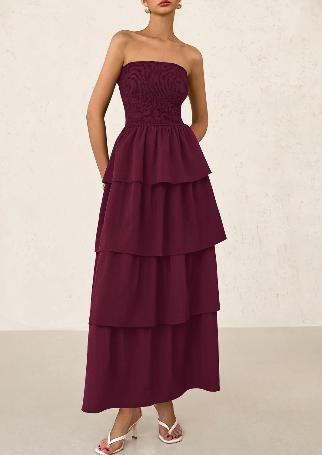 PRETTYGARDEN Maxi Dresses for Women Off Shoulder Smocked Tiered Ruffle Long Flowy Wedding Guest Dress