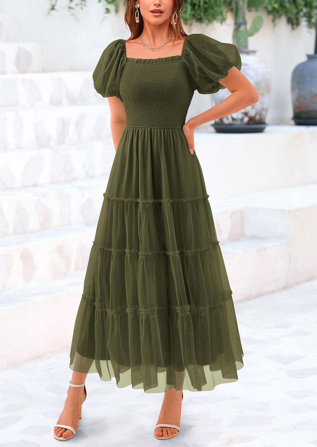 Women's Smocked Midi Tulle Dress 2025 Summer Puffy Short Sleeve Square Neck Ruffle Wedding Guest Party Dresses