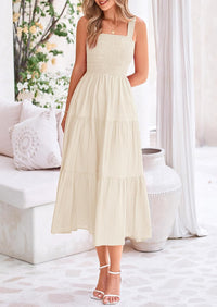 Womens Smocked Summer  Ruffle A Line Long Flowy Dresses Cute Sleeveless Beach Sundress Midi Dress