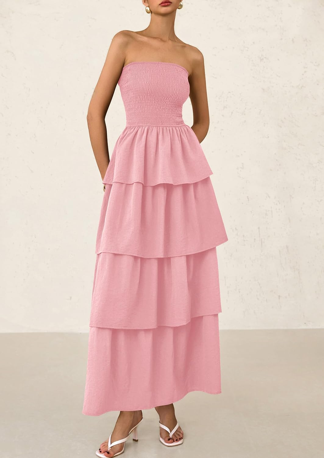 PRETTYGARDEN Maxi Dresses for Women Off Shoulder Smocked Tiered Ruffle Long Flowy Wedding Guest Dress