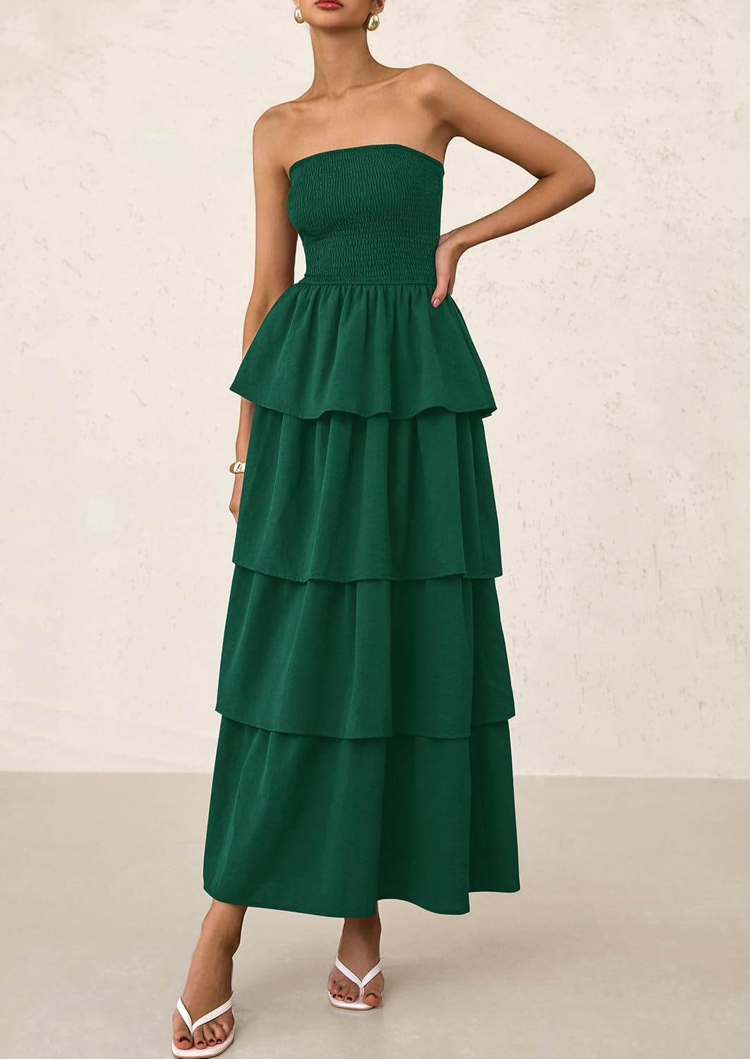 PRETTYGARDEN Maxi Dresses for Women Off Shoulder Smocked Tiered Ruffle Long Flowy Wedding Guest Dress