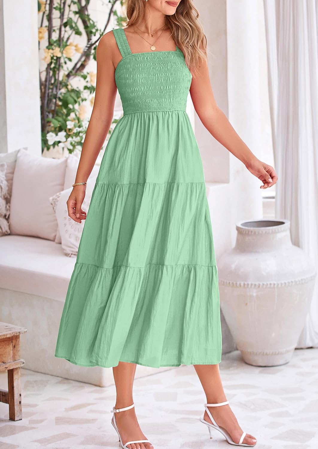 Womens Smocked Summer  Ruffle A Line Long Flowy Dresses Cute Sleeveless Beach Sundress Midi Dress