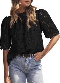 Women Trendy Short Sleeve Eyelet Embroidered Dressy Casual Blouse