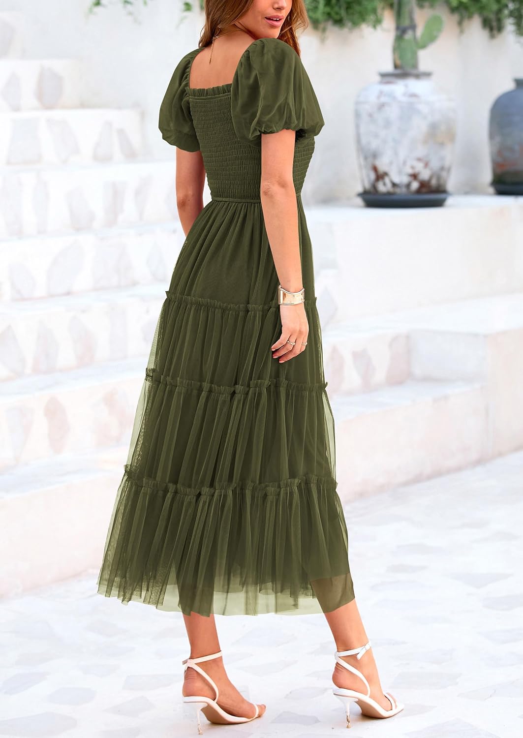 PRETTYGARDEN Women's Smocked Tulle Midi Dress Square Neck Puffy Short Sleeve Ruffle Wedding Guest Party Dresses