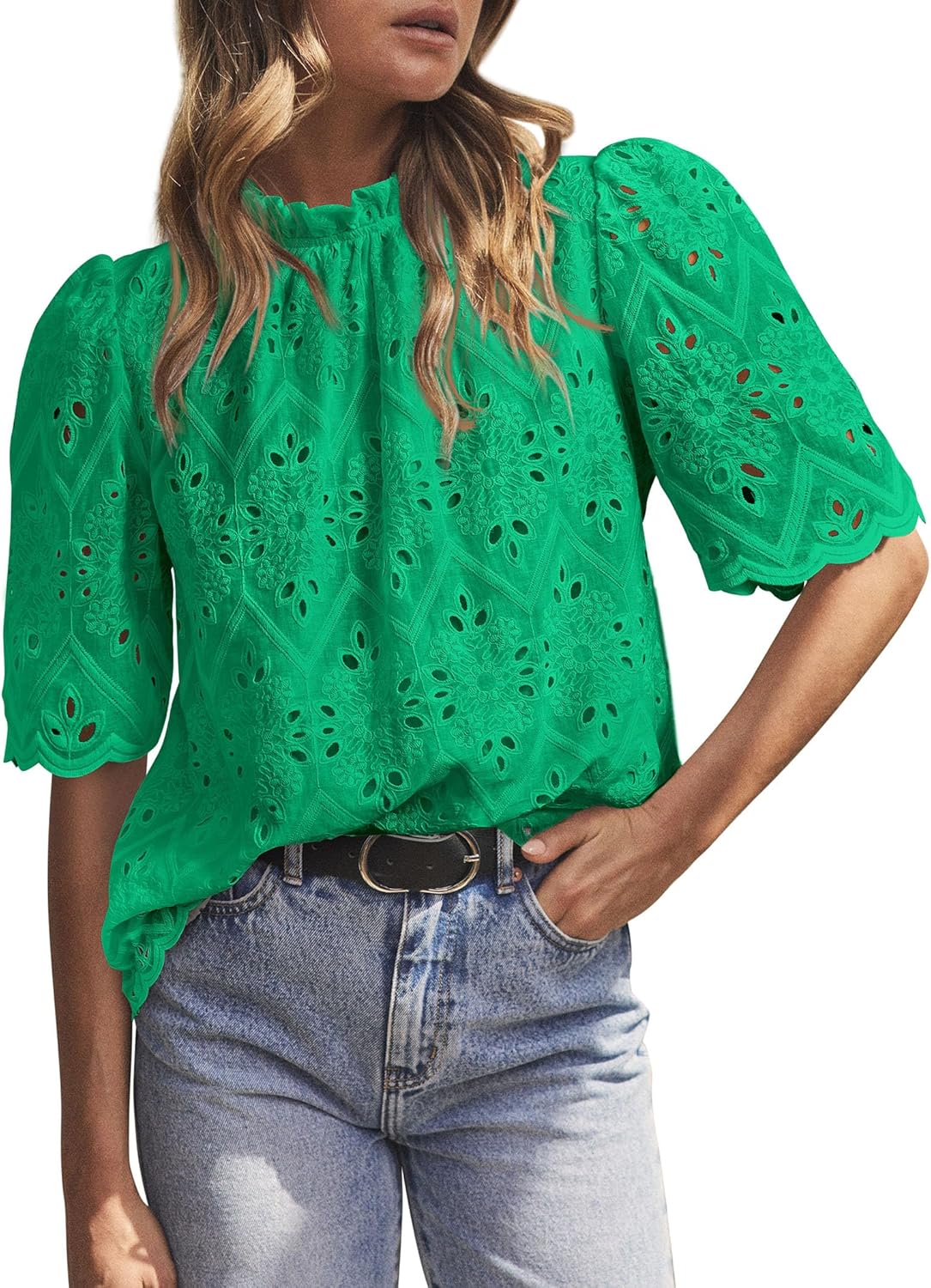 Women Trendy Short Sleeve Eyelet Embroidered Dressy Casual Blouse