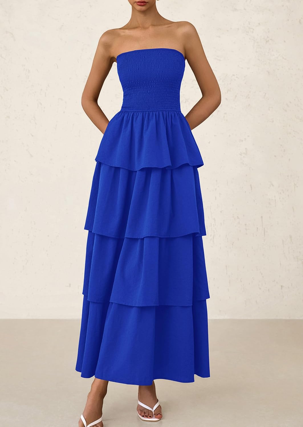 PRETTYGARDEN Maxi Dresses for Women Off Shoulder Smocked Tiered Ruffle Long Flowy Wedding Guest Dress