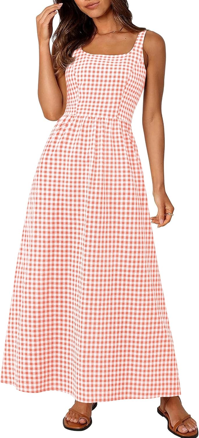 Women's Summer Spaghetti Strap Maxi Dresses Plaid Square Neck A Line Smocked Casual Vacation Long Sundress