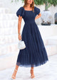 Women's Smocked Midi Tulle Dress 2025 Summer Puffy Short Sleeve Square Neck Ruffle Wedding Guest Party Dresses