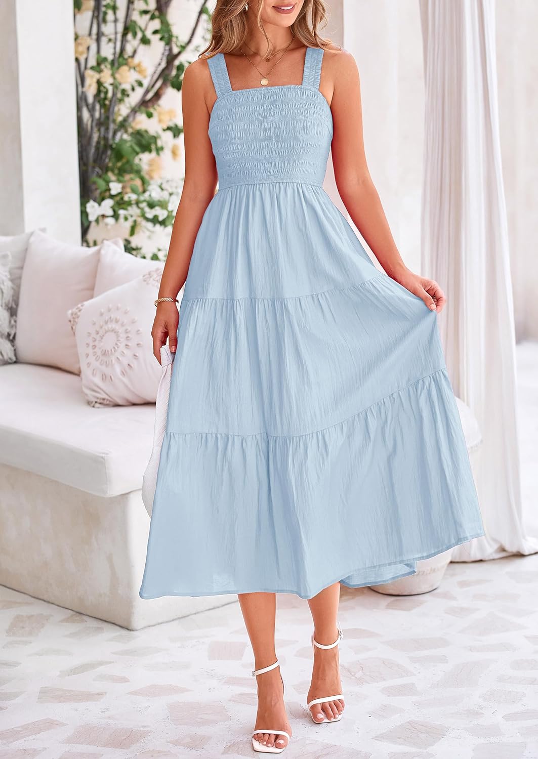 Womens Smocked Summer  Ruffle A Line Long Flowy Dresses Cute Sleeveless Beach Sundress Midi Dress