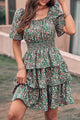 Floral Square Neck Short Sleeve Tiered Ruffle Boho Dresses