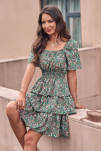 Floral Square Neck Short Sleeve Tiered Ruffle Boho Dresses