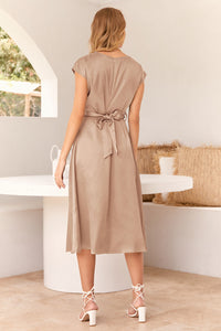 Cap Sleeve Tie Waist Elegant A-Line Midi Dresses