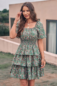 Floral Square Neck Short Sleeve Tiered Ruffle Boho Dresses