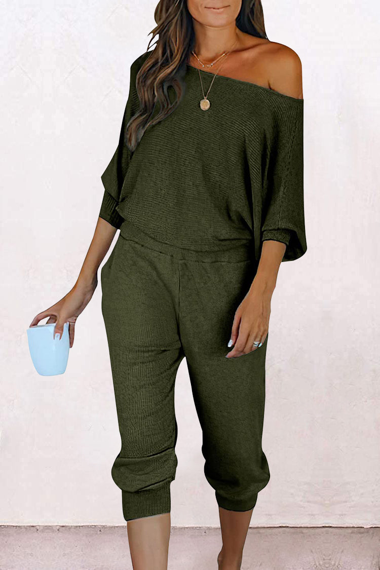 Off Shoulder Long Sleeve Pullover Long Pants with Pockets