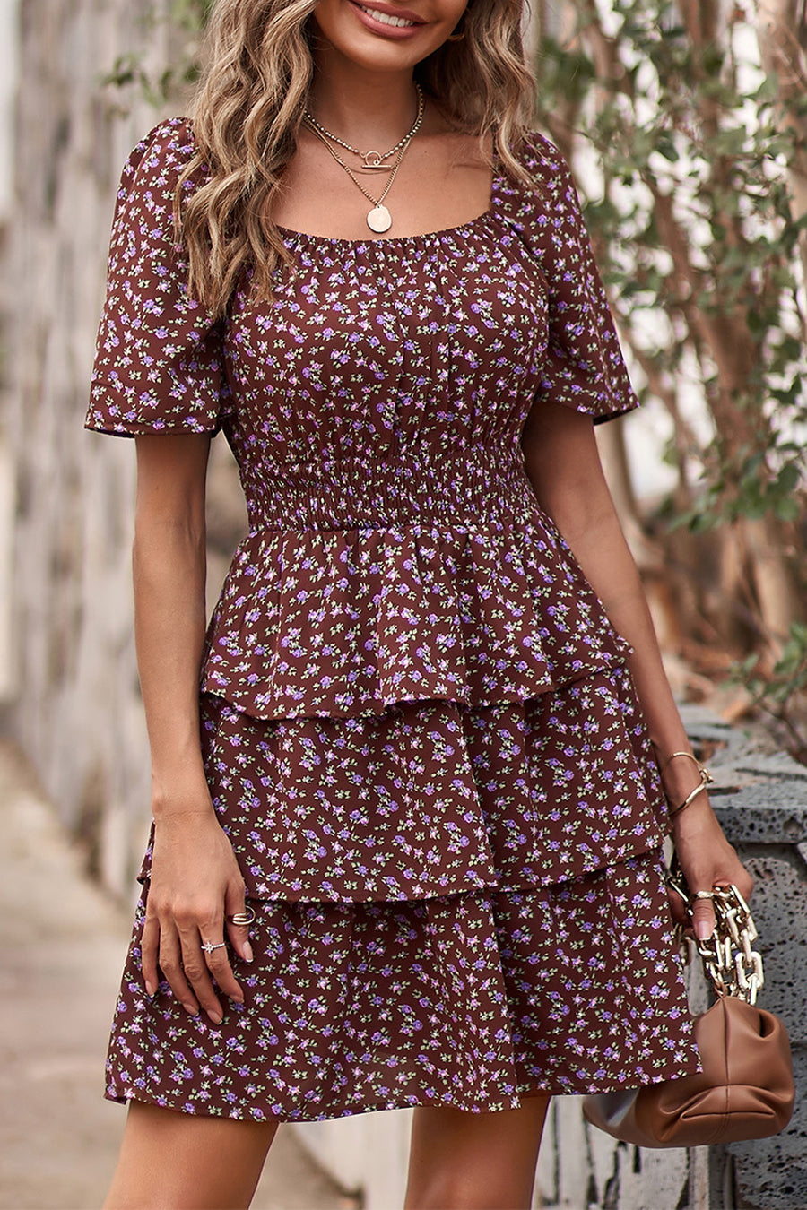 Floral Square Neck Short Sleeve Tiered Ruffle Boho Dresses