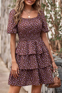 Floral Square Neck Short Sleeve Tiered Ruffle Boho Dresses