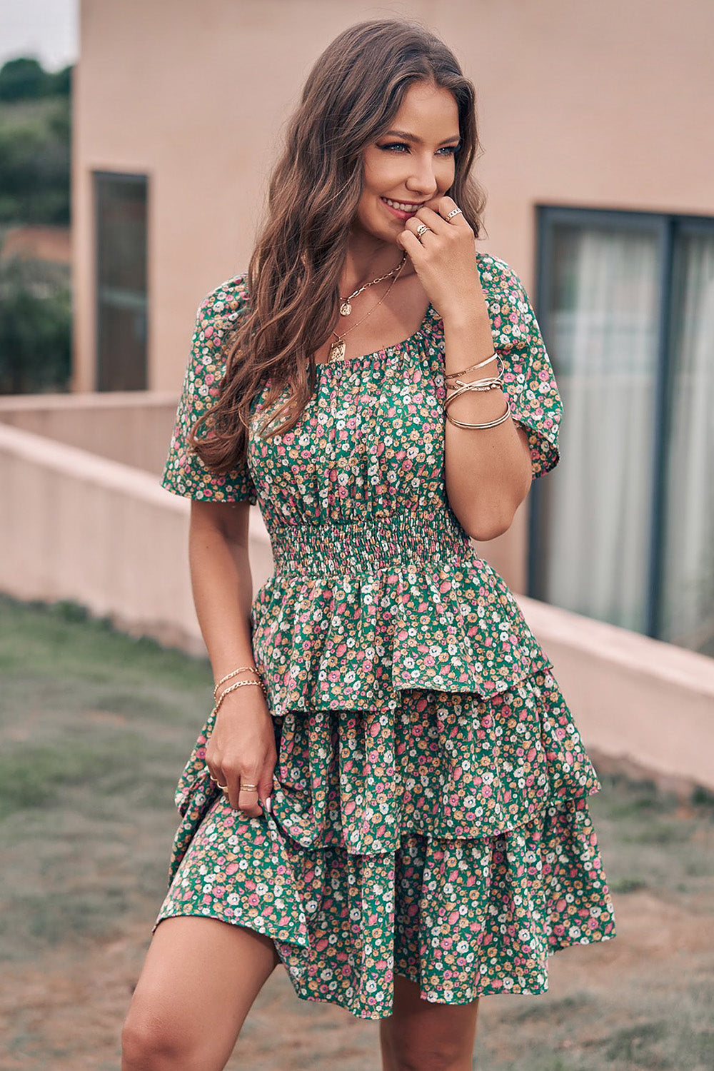 Floral Square Neck Short Sleeve Tiered Ruffle Boho Dresses