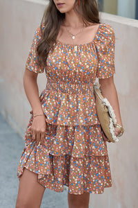 Floral Square Neck Short Sleeve Tiered Ruffle Boho Dresses