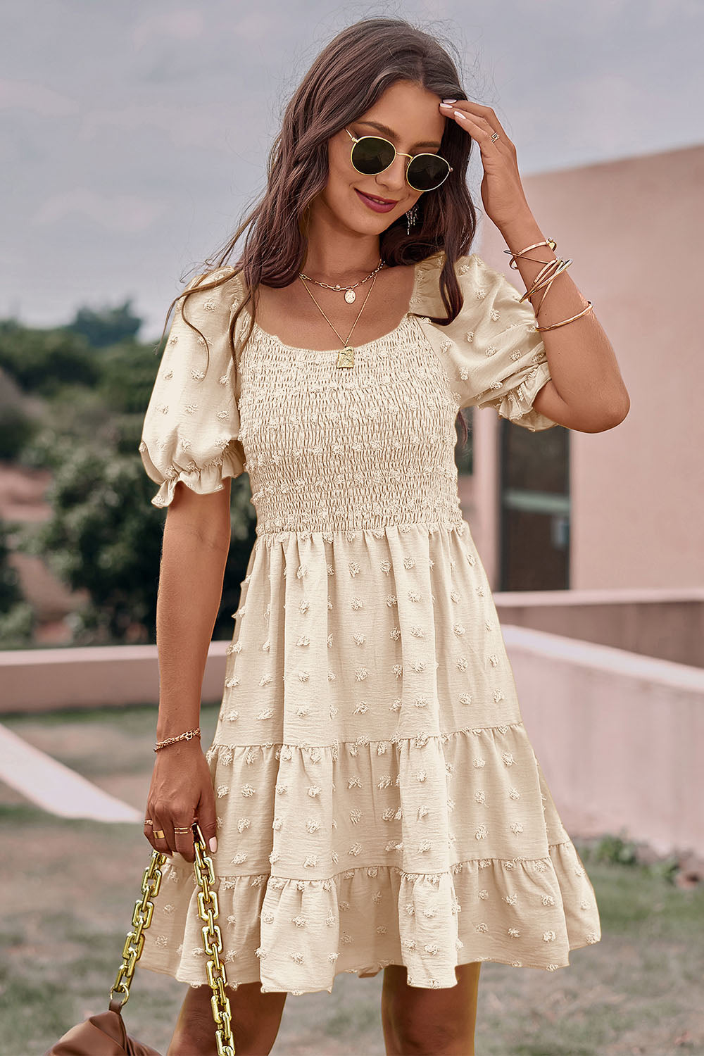 Summer Square Neck Swiss Dot Flowy A Line Swing Dress