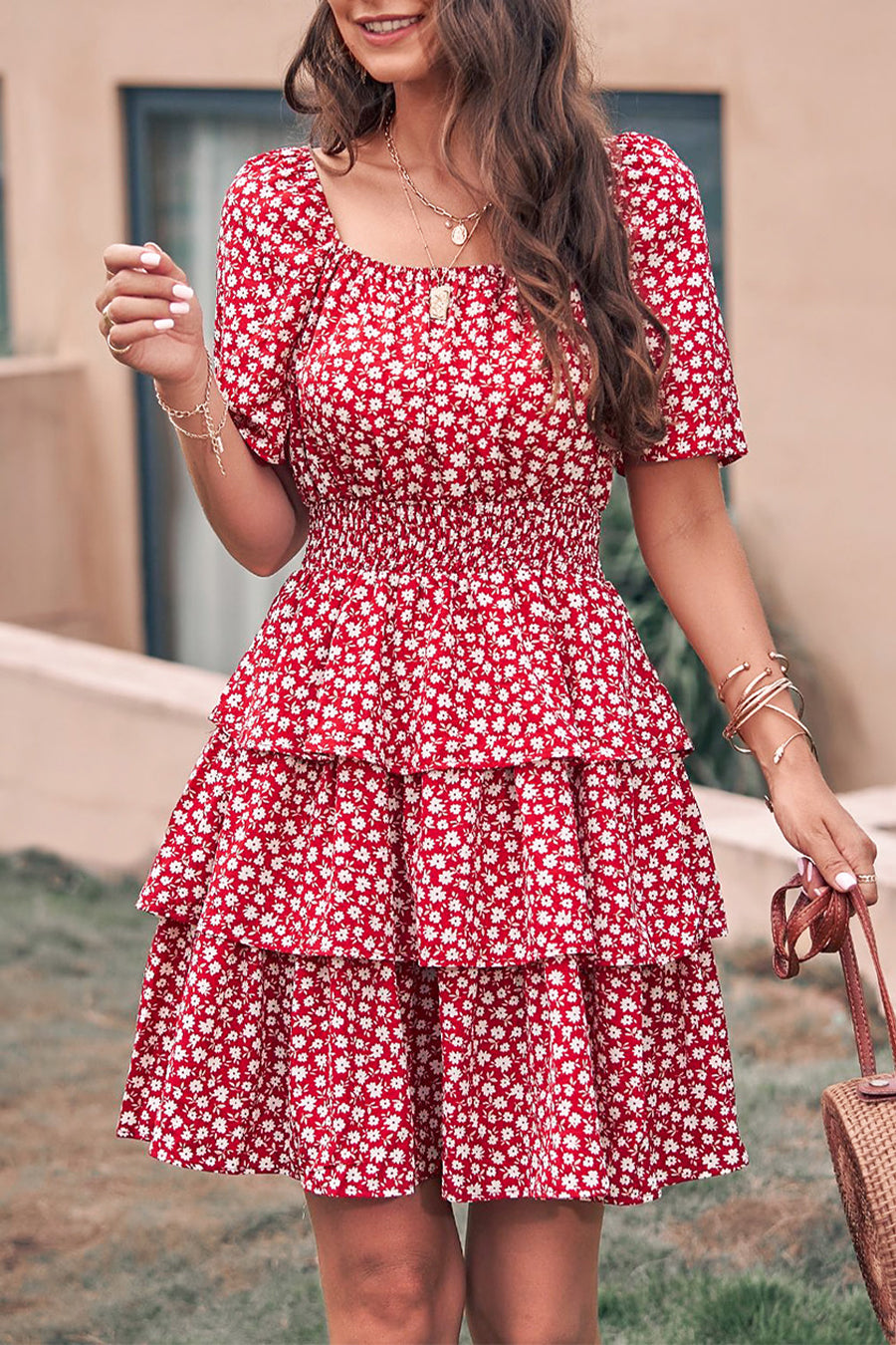 Floral Square Neck Short Sleeve Tiered Ruffle Boho Dresses