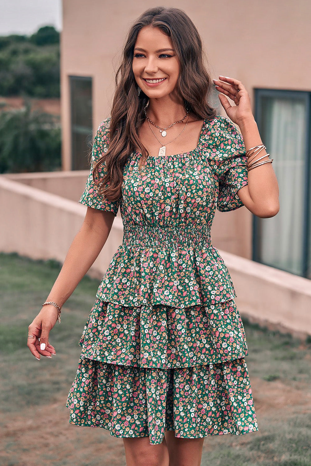 Floral Square Neck Short Sleeve Tiered Ruffle Boho Dresses