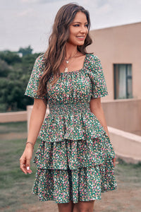 Floral Square Neck Short Sleeve Tiered Ruffle Boho Dresses