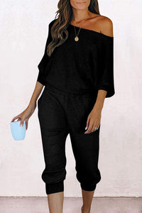 Off Shoulder Long Sleeve Pullover Long Pants with Pockets