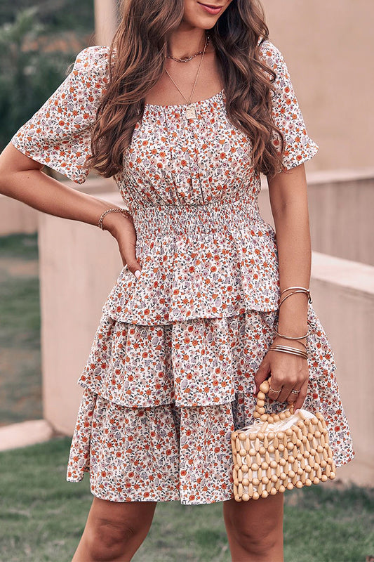 Floral Square Neck Short Sleeve Tiered Ruffle Boho Dresses