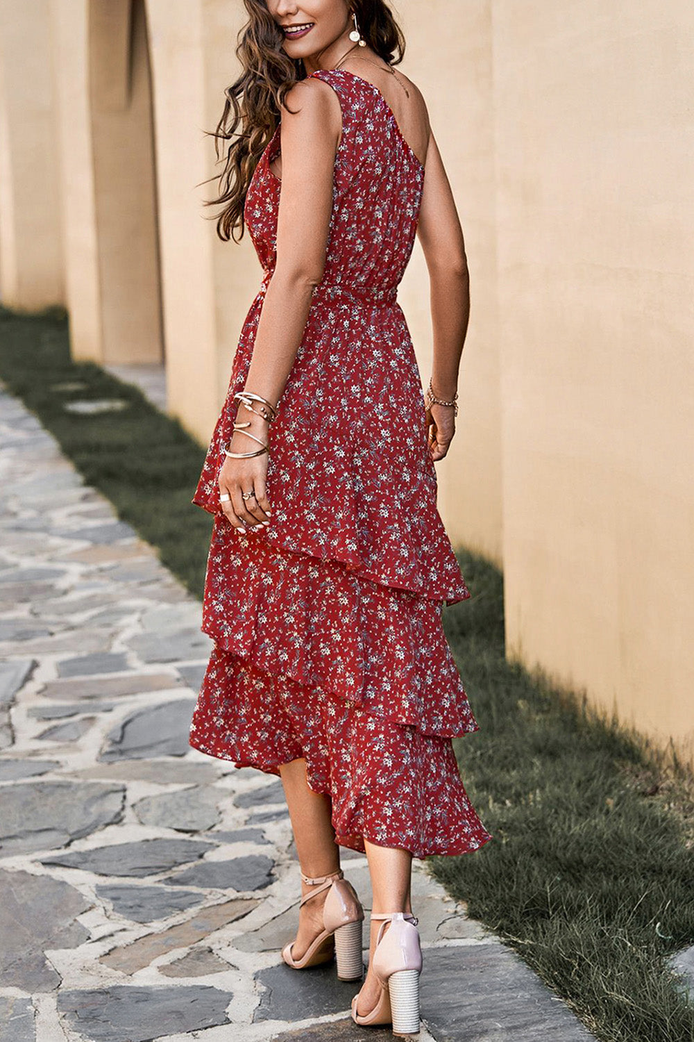 One Shoulder Tiered Ruffle Floral Boho Midi Dress