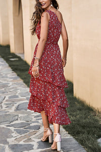 One Shoulder Tiered Ruffle Floral Boho Midi Dress