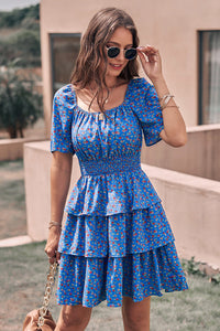 Floral Square Neck Short Sleeve Tiered Ruffle Boho Dresses