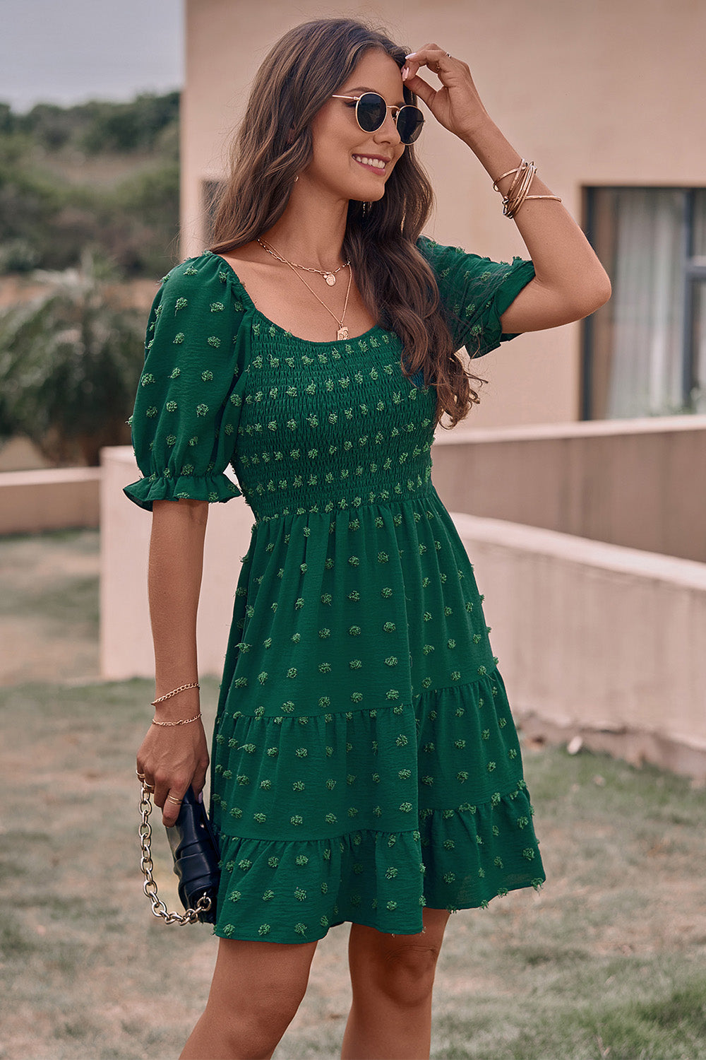 Summer Square Neck Swiss Dot Flowy A Line Swing Dress