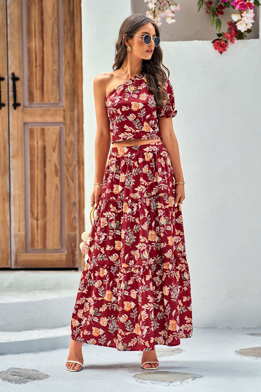 PrettyGarden One Shoulder Crop Top High Waisted Maxi Skirt Set