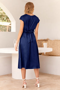 Cap Sleeve Tie Waist Elegant A-Line Midi Dresses