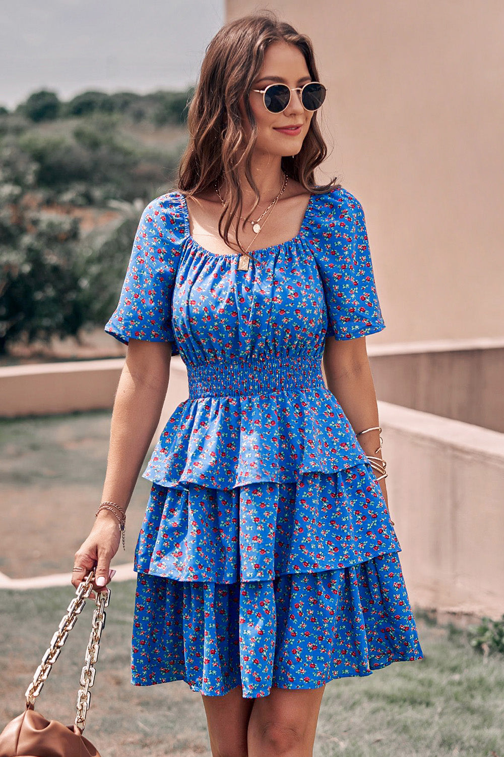 Floral Square Neck Short Sleeve Tiered Ruffle Boho Dresses