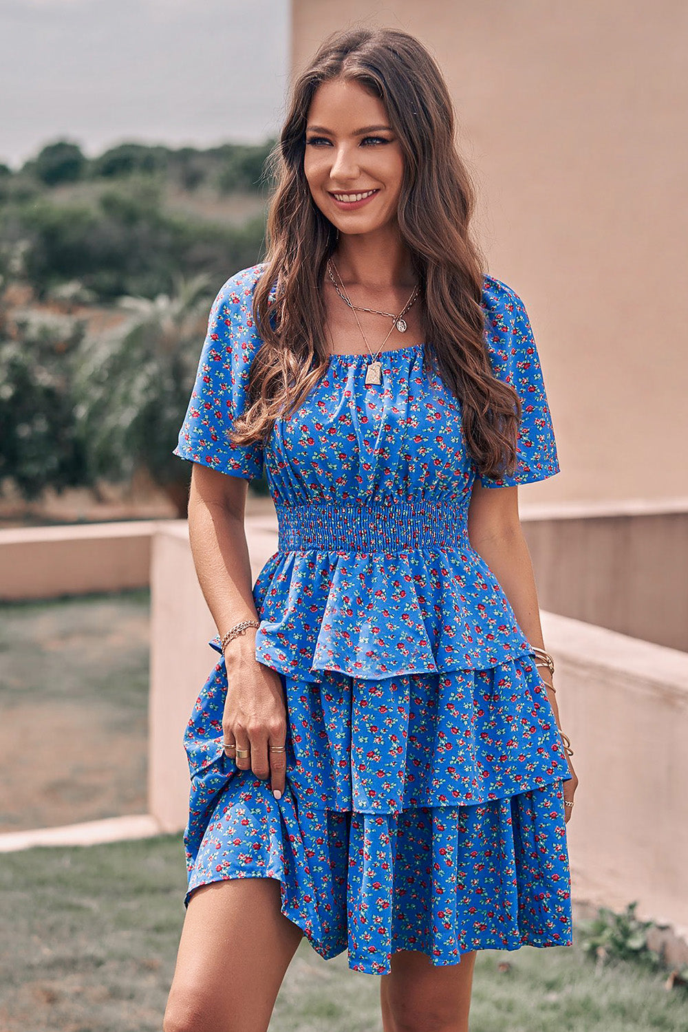 Floral Square Neck Short Sleeve Tiered Ruffle Boho Dresses