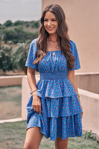 Floral Square Neck Short Sleeve Tiered Ruffle Boho Dresses