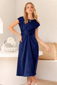 Cap Sleeve Tie Waist Elegant A-Line Midi Dresses