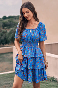 Floral Square Neck Short Sleeve Tiered Ruffle Boho Dresses