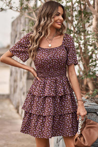 Floral Square Neck Short Sleeve Tiered Ruffle Boho Dresses