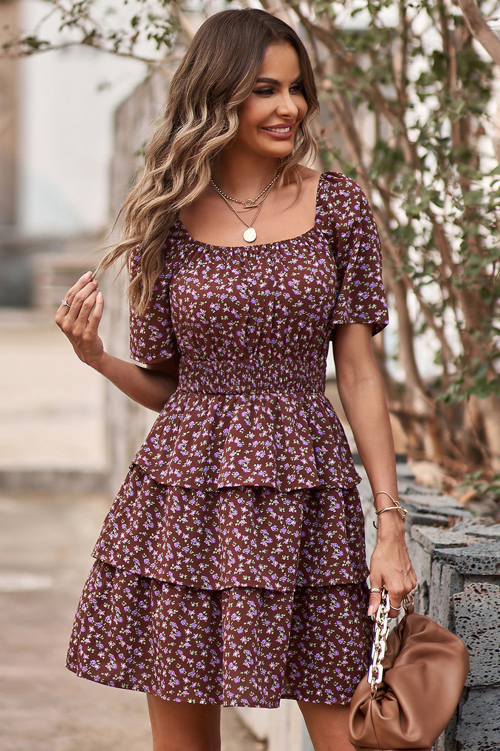 Floral Square Neck Short Sleeve Tiered Ruffle Boho Dresses