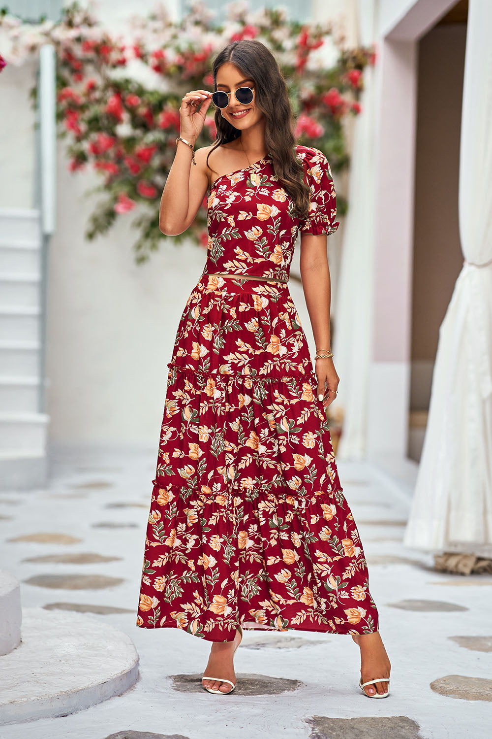 PrettyGarden One Shoulder Crop Top High Waisted Maxi Skirt Set