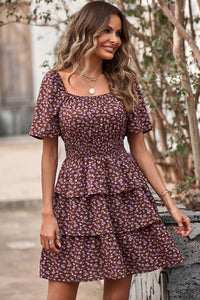 Floral Square Neck Short Sleeve Tiered Ruffle Boho Dresses