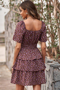 Floral Square Neck Short Sleeve Tiered Ruffle Boho Dresses