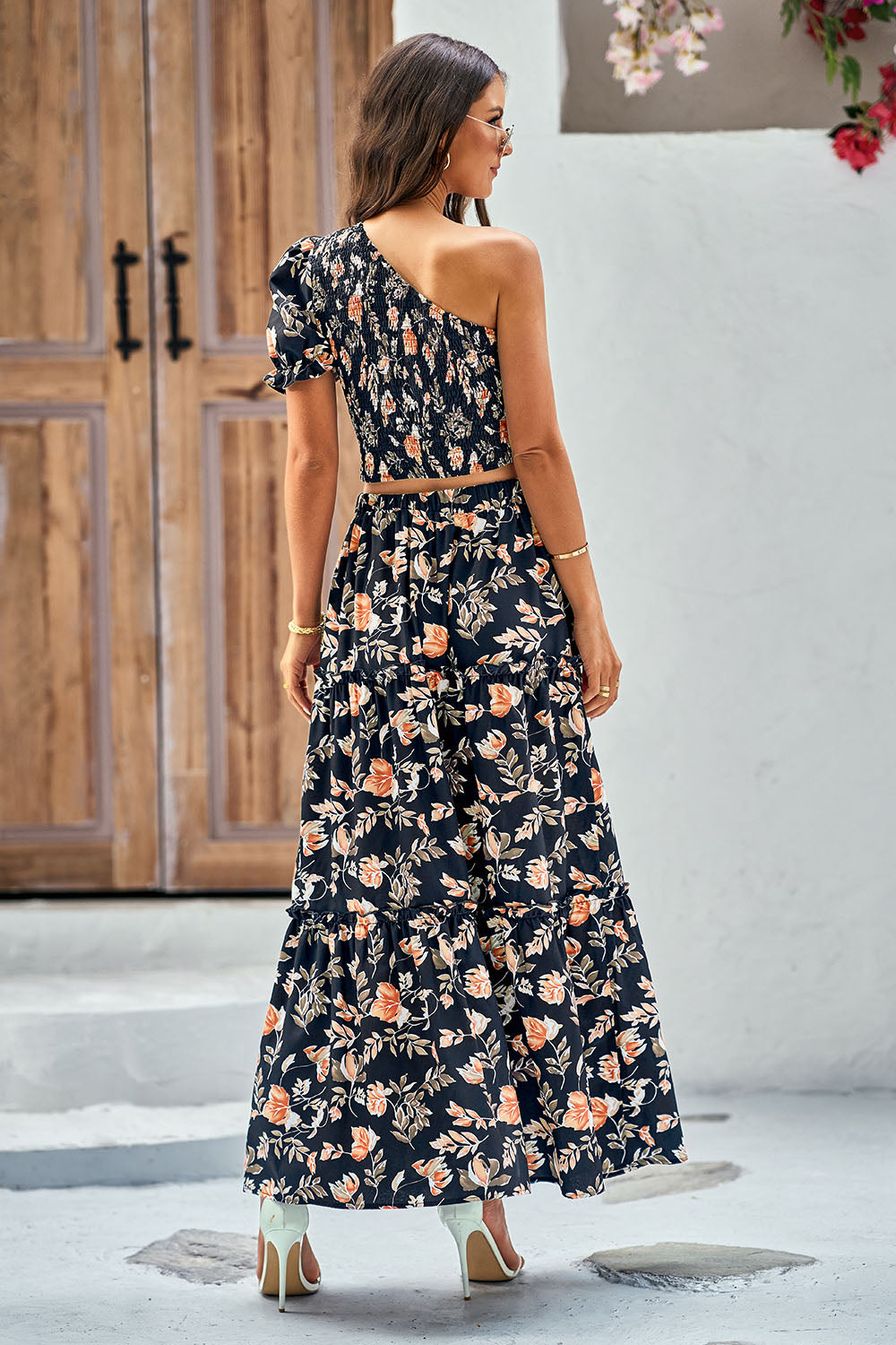 PrettyGarden One Shoulder Crop Top High Waisted Maxi Skirt Set